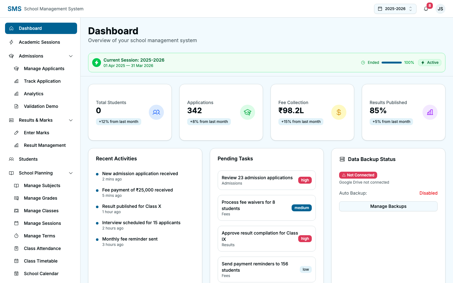 Comprehensive School admin dashboard